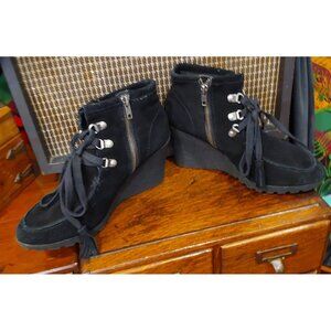 MIA Women's Black Suede Wedge Booties. Fringe laces. Size 8.5